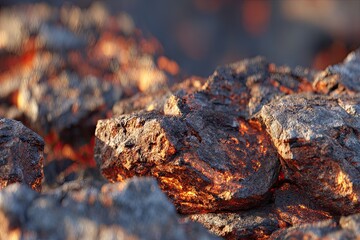 Close-up view of glowing, dark-grey and orange rocks.  Molten embers visible within