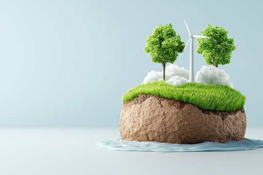 Floating island with green grass, trees, and wind turbine symbolizes renewable energy and sustainability