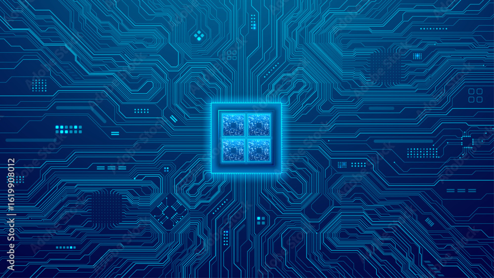 Poster circuit board background with quantum semiconductor. light gloving computer core and circuit compone