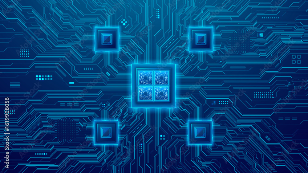 Poster ai processor and semiconductors on circuit board on technology blue background. brightly glowing cpu