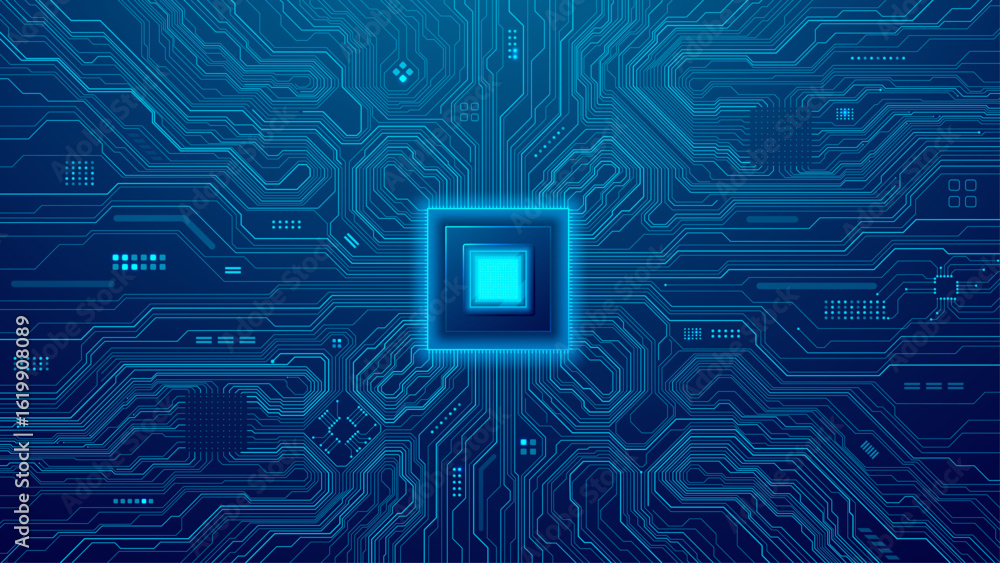 Poster circuit board. ai innovation background concept. abstract ai chip with a quantum semiconductor on a 