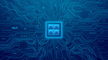Circuit Board Background with quantum semiconductor. Light Gloving Computer Core and Circuit Components. Artificial Intelligence Power Semiconductor on Technology bg. Digital Vector Illustration.