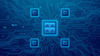 AI processor and semiconductors on circuit board on technology blue background. Brightly glowing CPU chip on tech bg. Computer microchip on motherboard. Abstract digital vector illustration