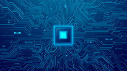 Circuit board. AI innovation background concept. Abstract AI chip with a quantum semiconductor on a technology blue bg. Big Data and Cloud service concept. Digital vector illustration.