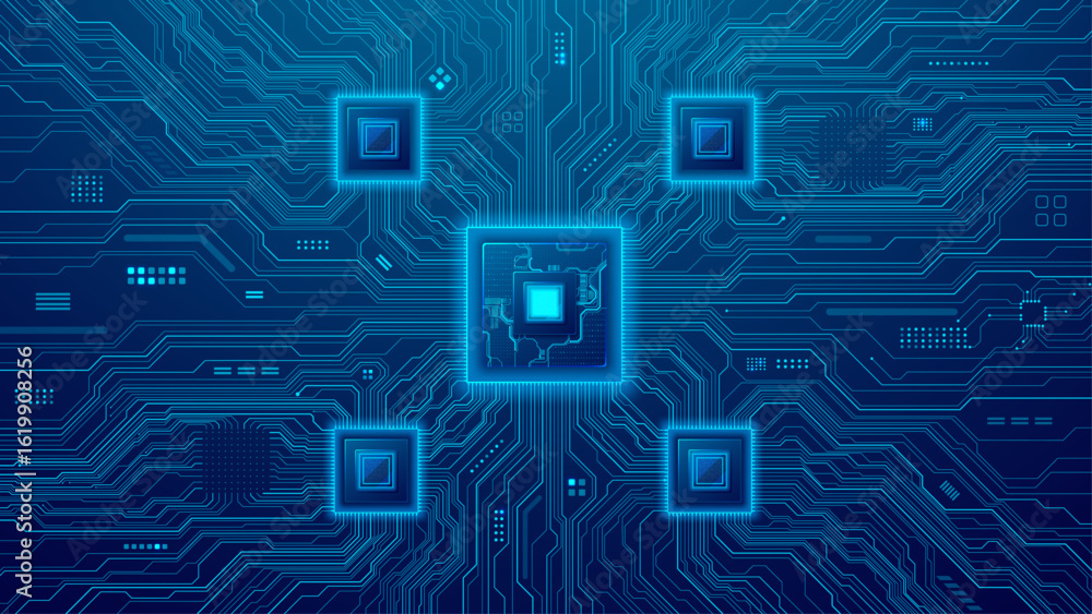 Poster circuit board with ai chip, quantum processor, and semiconductors on a blue technology background. a