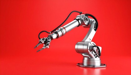 A metallic robotic arm, silver against a red backdrop, displays intricate mechanical details and a three-clawed hand