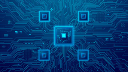 Circuit board with AI chip, quantum processor, and semiconductors on a blue technology background. Abstract tech bg. Digital computer futuristic pattern. Vector illustration.