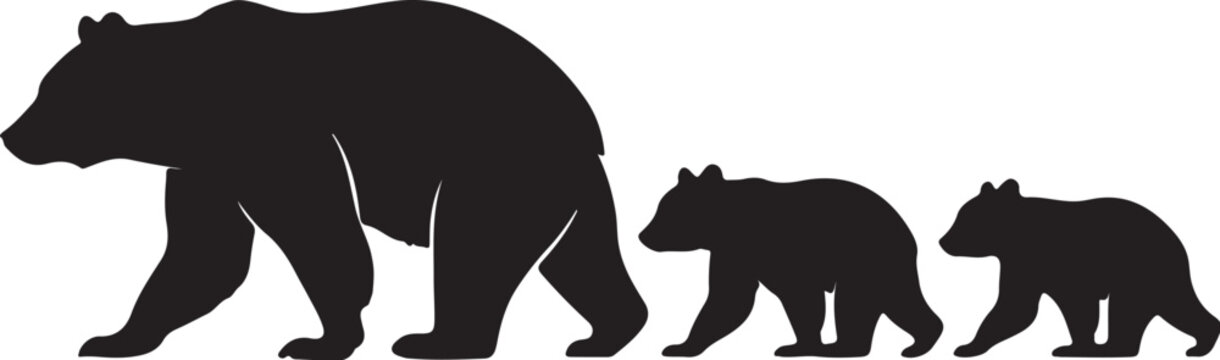Black bear family walking cubs silhouette