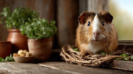 A charming guinea pig is comfortably perched in a rustic setting adorned with fresh greenery and bowls of food, illustrating a warm and homely animal moment.
