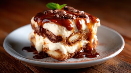 An indulgent slice of tiramisu dessert drizzled with rich chocolate sauce and topped with a sprig of mint, ideal for a sweet conclusion to any meal.