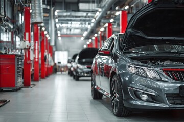 Naklejka premium Car repair shop, a gray car with an open hood on the right side of an automotive workshop in a modern style with red pillars, cars standing at their stations for servicing. The background is blurred.