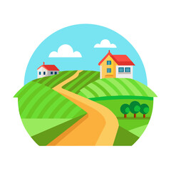 Rural landscape with village house on green fields