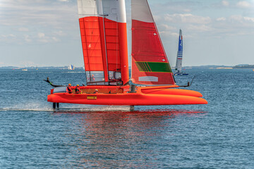 Aarhus, Denmark – August 19, 2021: Sailgp racing in the harbor of Aarhus in Denmark