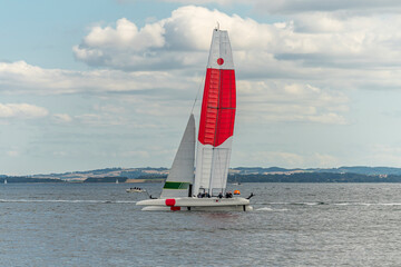 Aarhus, Denmark – August 19, 2021: Sailgp racing in the harbor of Aarhus in Denmark