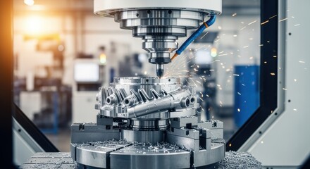 Fiveaxis CNC machining center in operation producing critical rocket turbopump components with high precision and multidirectional movements.