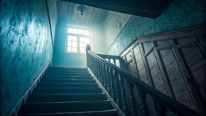 Obraz premium Creepy old staircase leading up to a bright window