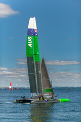 Aarhus, Denmark – August 19, 2021: Sailgp racing in the harbor of Aarhus in Denmark