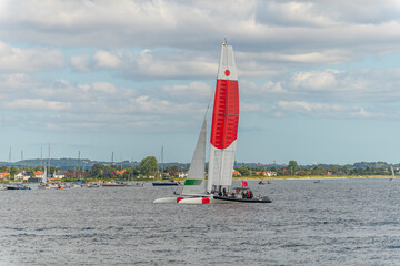Aarhus, Denmark – August 19, 2021: Sailgp racing in the harbor of Aarhus in Denmark