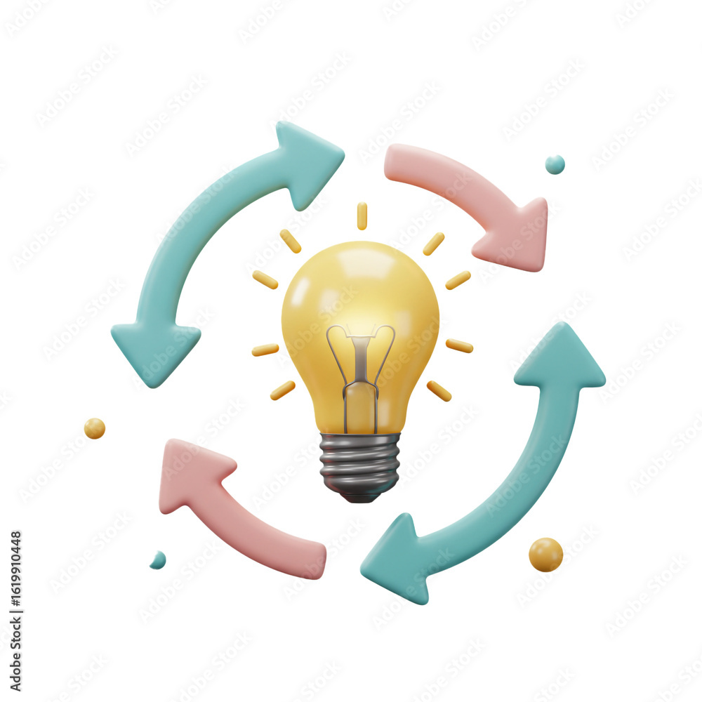 Poster a glowing lightbulb represents a creative idea in a continuous cycle of innovation and development.