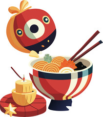Vector art blending Chinese and American culture – a chop suey bowl placed on a yin-yang tablecloth with fireworks in the background.