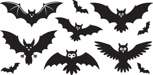 Collection of Flying Bats and Owls Halloween Silhouette Set Spooky Night Creatures