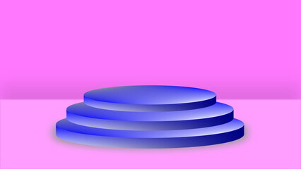 3D abstract podium scene with minimal round steps and soft shadows. Blue gradient platform on a vibrant pink background, ideal for showcasing products, cosmetics, branding mockups, or UI presentations