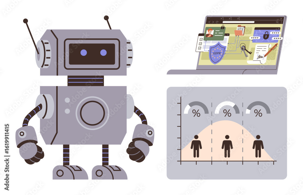 Poster robot beside a laptop with a cybersecurity dashboard and population graph. ideal for technology, aut