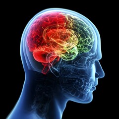 A colorful, transparent human brain is highlighted against a black background.