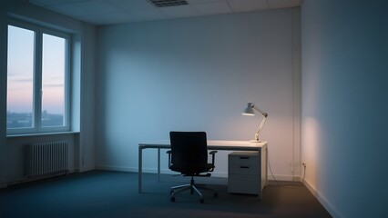 Minimalist Office Space with Desk, Chair, and Lamp Near a Window