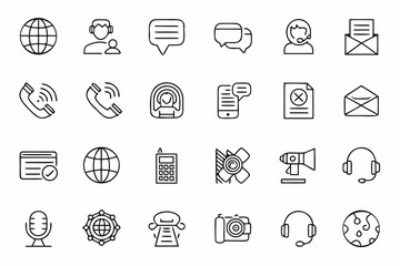 Communication and Technology Icons Set in Outline Style on White Background
