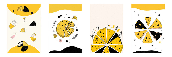 Cheese And Wine Abstract Art Poster Set. Culinary Decor Collection Isolated On Transparent Background. Ideal Design for Cover, Brochure, Banner, Social Media, Flyer or Wallpaper