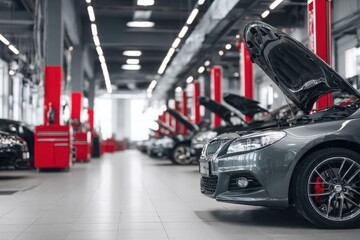 Fototapeta premium Car repair shop, a gray car with an open hood on the right side of an automotive workshop in a modern style with red pillars, cars standing at their stations for servicing. The background is blurred.