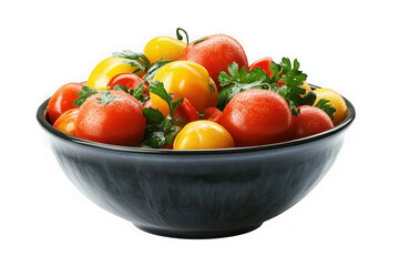 Bowl of fresh red and yellow tomatoes with parsley, healthy eating, food photography, culinary arts, isolated on transparent background