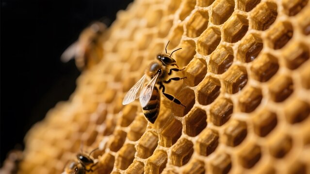 Honeybee on a Honeycomb: Close-Up View
