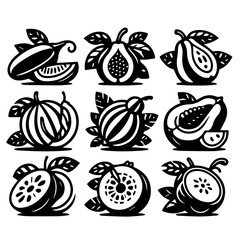 Stylized black and white illustration of various tropical fruits with leaves arranged in a grid pattern