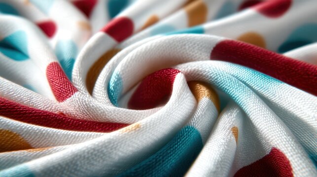 A vibrant close-up of colorful polka dot fabric showcasing intricate textures and the playful color palette of red, blue, and orange on a white background, ideal for textile design.