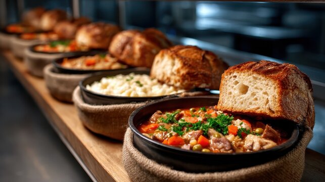 A deliciously served bowl of hearty stew accompanied by rustic bread, showcasing fresh vegetables and warm colors, perfect for food lovers and home cooking enthusiasts.