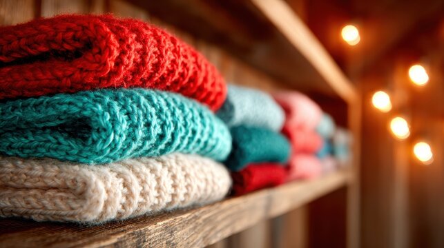 A cozy arrangement of colorful knitted sweaters folded neatly on a rustic wooden shelf, evoking warmth and comfort, perfect for the chilly seasons ahead.