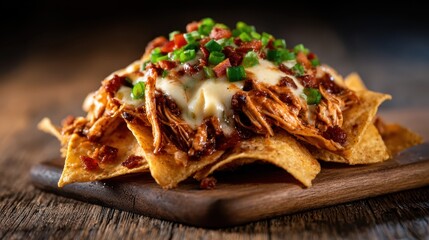 A mouthwatering plate of nachos stacked high with shredded chicken, melted cheese, bacon bits, and fresh green onions, perfect for sharing or enjoying alone.
