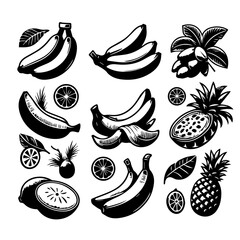 Collection of various tropical fruits including bananas pineapples oranges and other exotic fruits in black and white