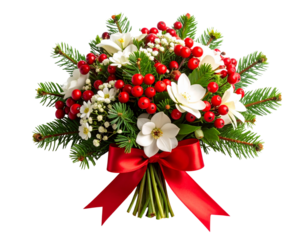  Mini Christmas Posy with Berries and White Flowers Tied with Red Ribbon, Centered Composition, White Background