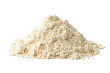 Pile of white protein powder supplement for sports nutrition, baking ingredient, cooking, and food preparation stock photo isolated on transparent background