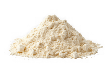 Pile of white protein powder supplement for sports nutrition, baking ingredient, cooking, and food preparation stock photo isolated on transparent background