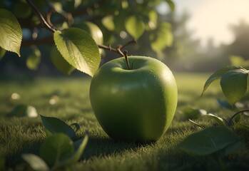 A green apple with a leaf floats in the air in an orchard on a sunny day
