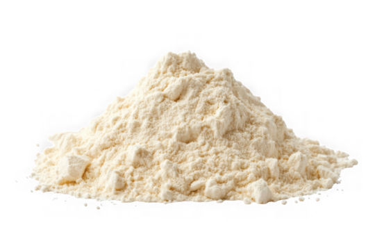 Pile of white protein powder supplement for sports nutrition, baking ingredient, cooking, and food preparation stock photo isolated on transparent background