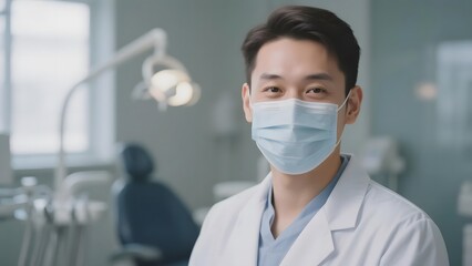 Dentist in a clinical setting wearing a face mask and lab coat, standing with dental equipment in the background.
