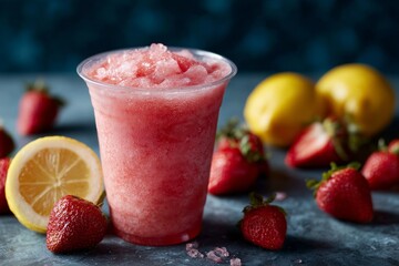A vibrant strawberry lemonade slush in a clear cup, surrounded by fresh strawberries and lemons, on a cool background.