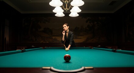 Elegant Woman in Black Blazer Plays Pool in Dimly Lit Room