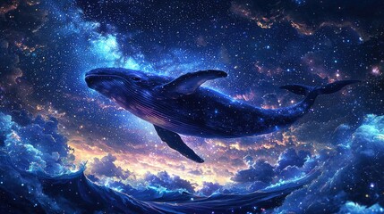 Fototapeta premium A whale suspended under the starry sky, a whale gazing at the Milky Way, flowing neon clouds and waves, realistic style, movie-level depth of field, wallpaper composition
