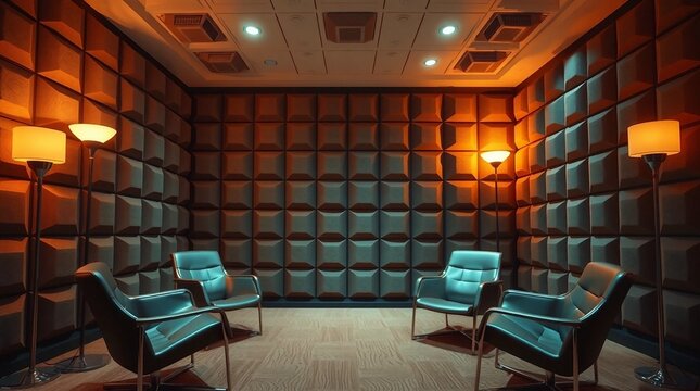 A private discussion room with four chairs arranged for a group session, featuring soundproof padded walls and ambient lighting.
